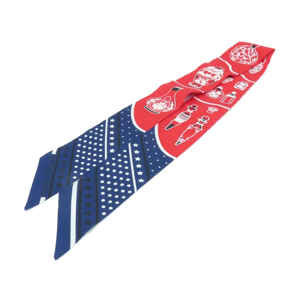 HERMÈS SILK TWILLY SCARF LES FLACONS BANDANA MARINE/ ROUGE/ BLANC - Picture 3 of 13